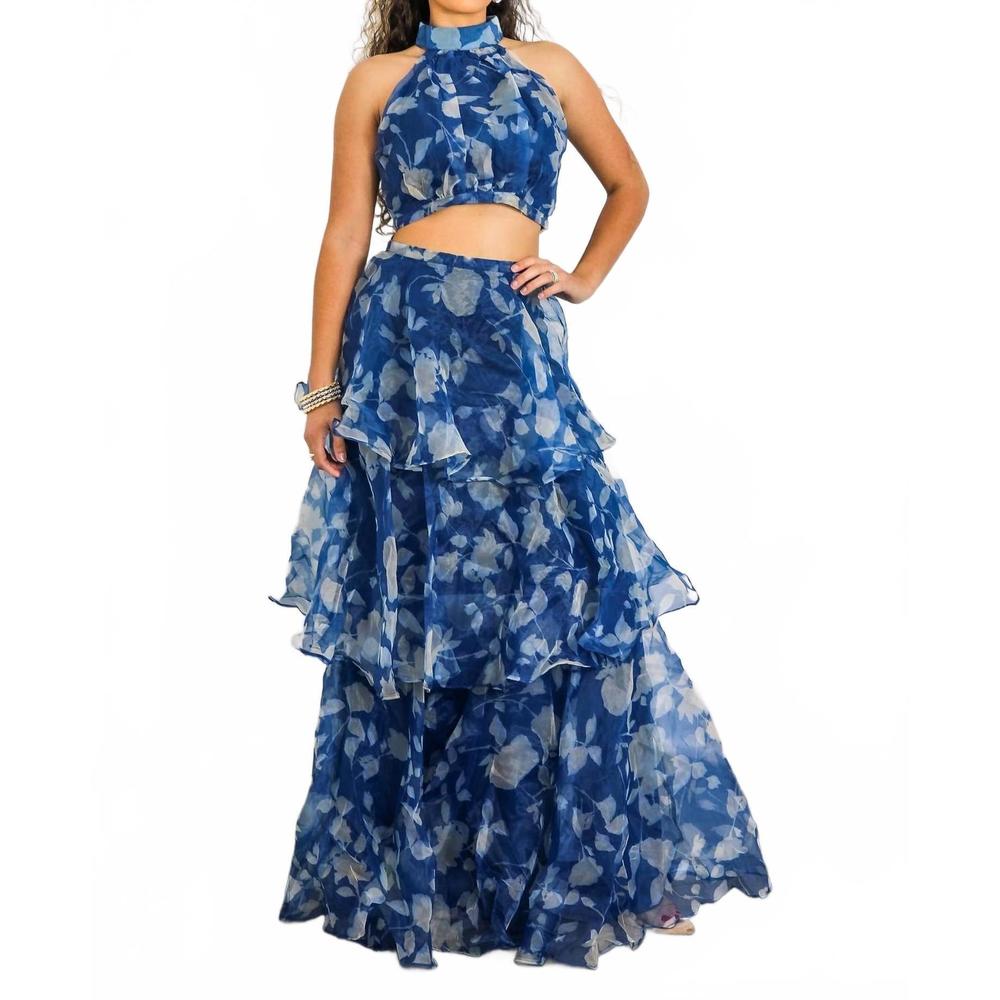 NEW SURELYMINE tiered ruffle two-piece set halter crop top & maxi skirt in blue - Picture 3 of 8
